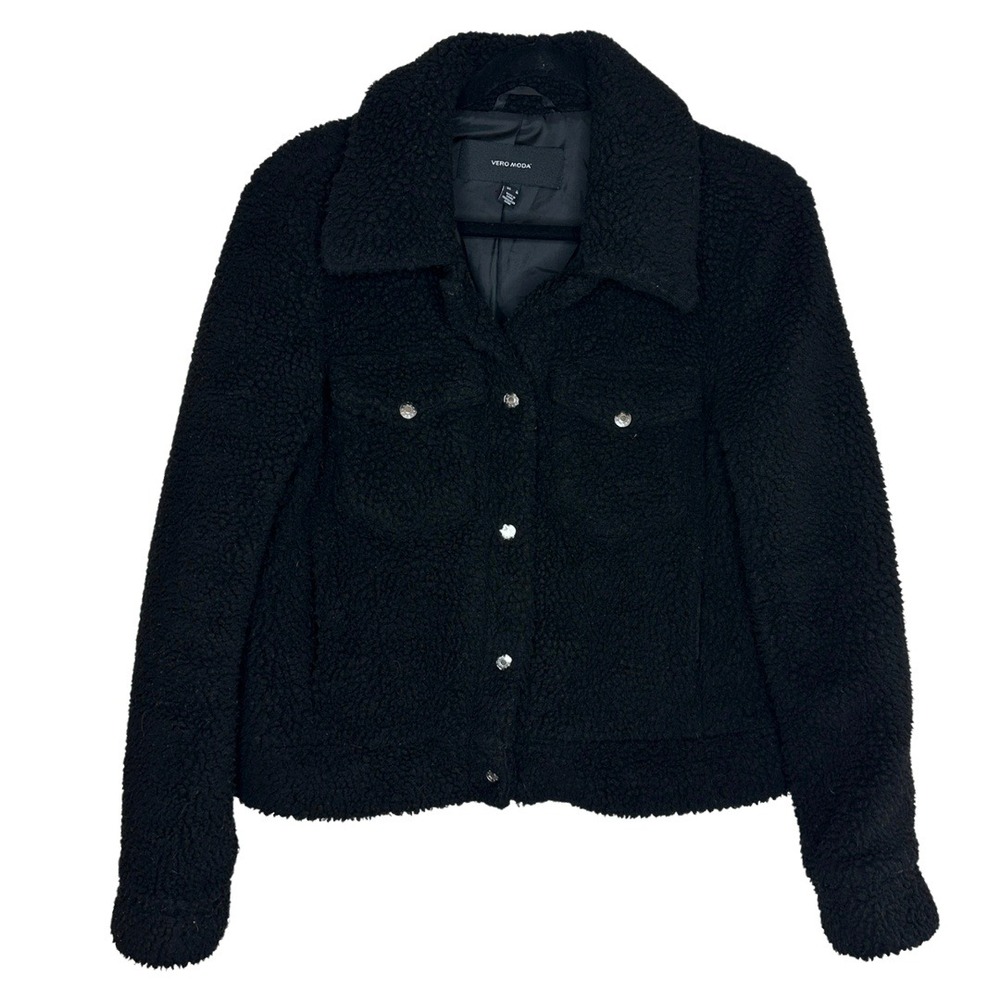 Vero Moda Black Teddy‎ Fleece Button Up Jacket Sherpa Lined Women's Medium - Picture 2 of 6